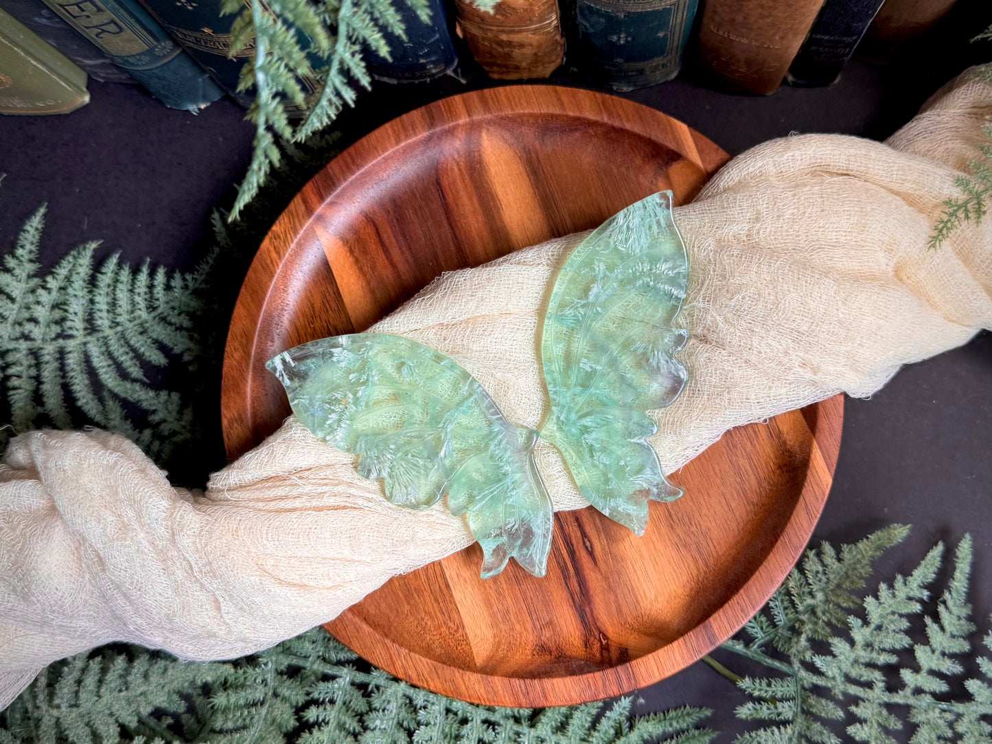 Baja Blast Feather Fluorite Butterfly Wings on Gold Stand