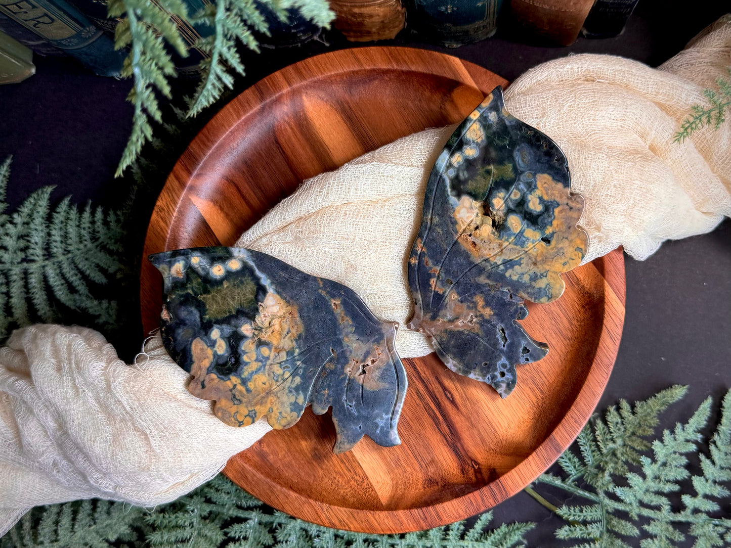Green Sea Jasper Butterfly Wings on Gold Stand
