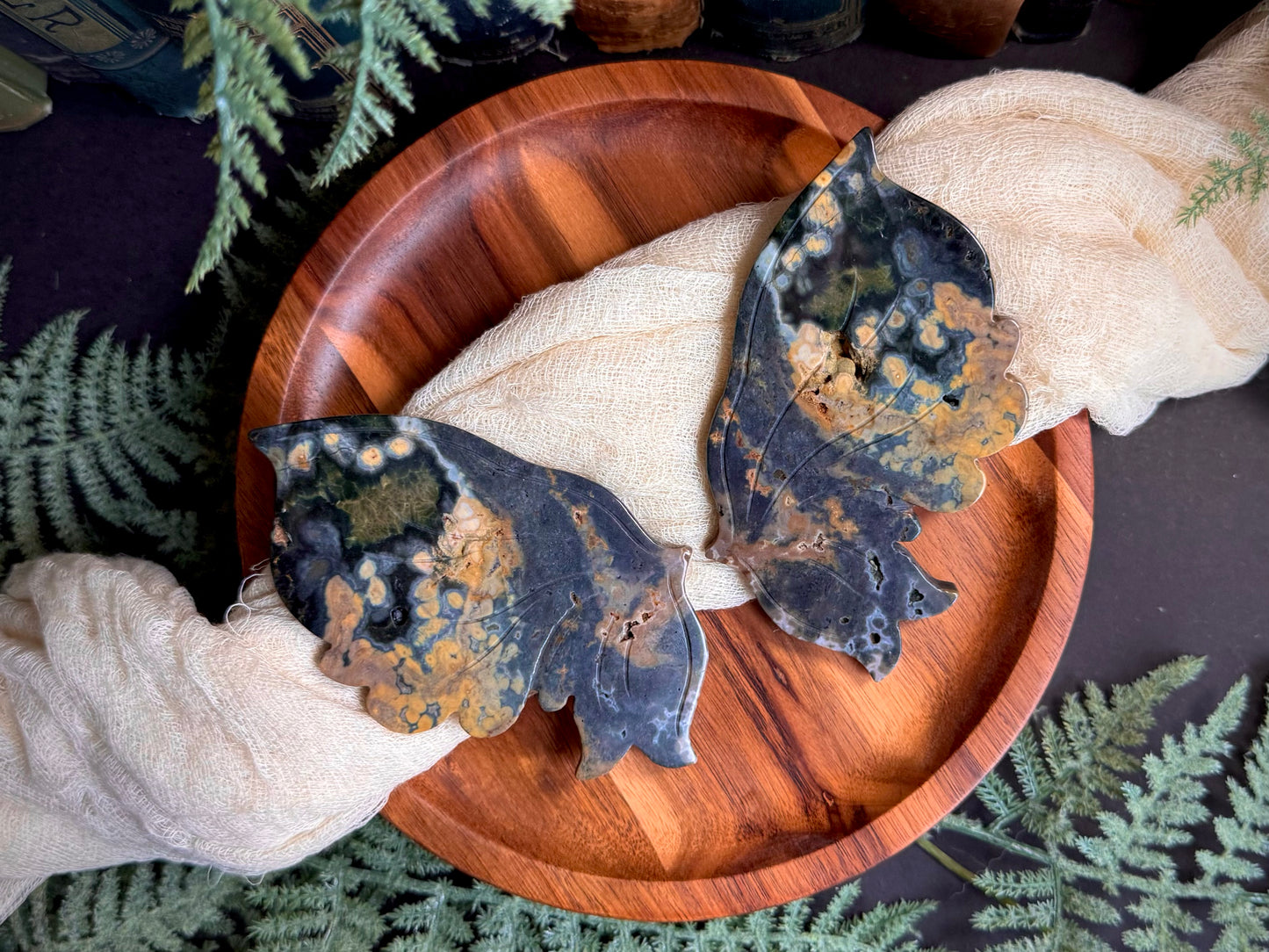 Green Sea Jasper Butterfly Wings on Gold Stand