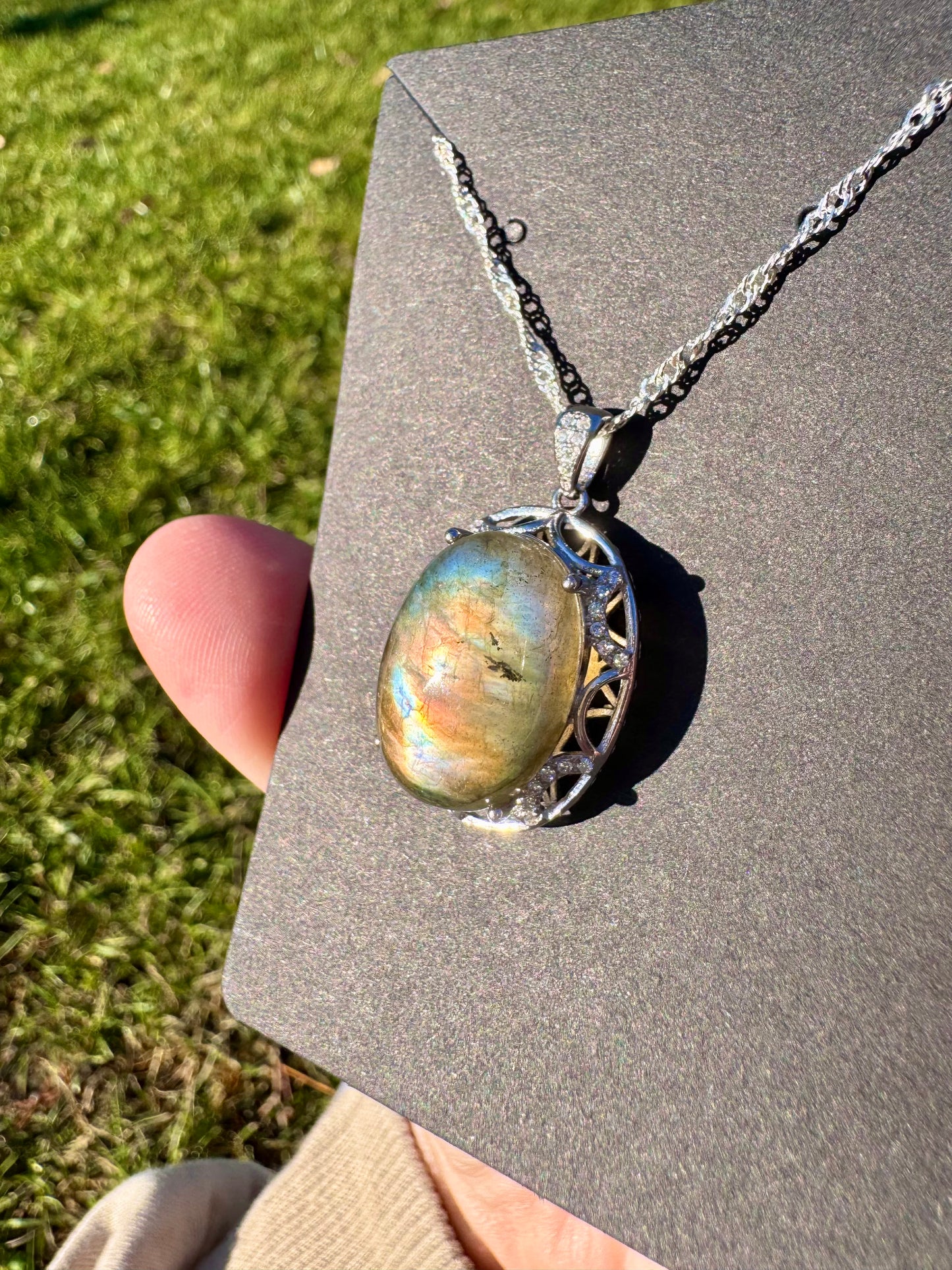 Rainbow Flash Labradorite S925 Pendant on Stainless Steel Chain