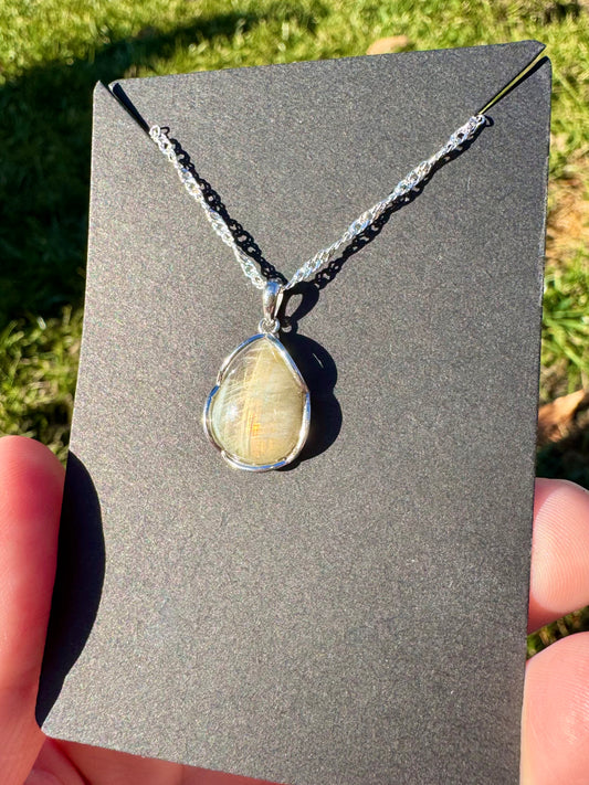 Orange Flash Labradorite Teardrop S925 Pendant on Stainless Steel Chain