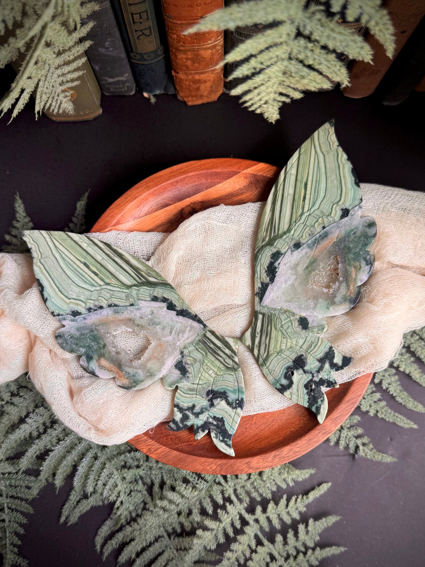 Green Lace Jasper Butterfly Wings on Gold Stand