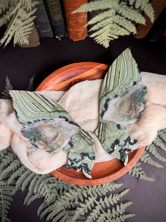 Green Lace Jasper Butterfly Wings on Gold Stand