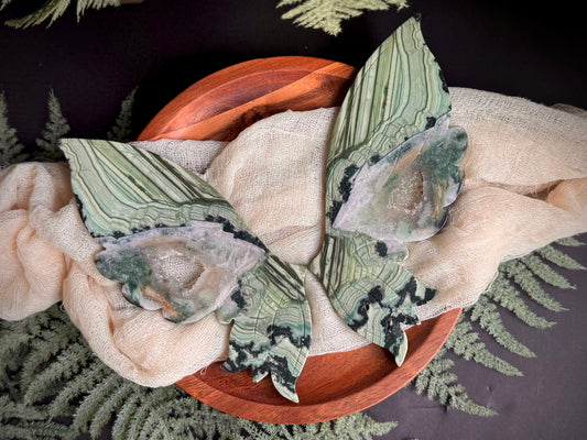 Green Lace Jasper Butterfly Wings on Gold Stand