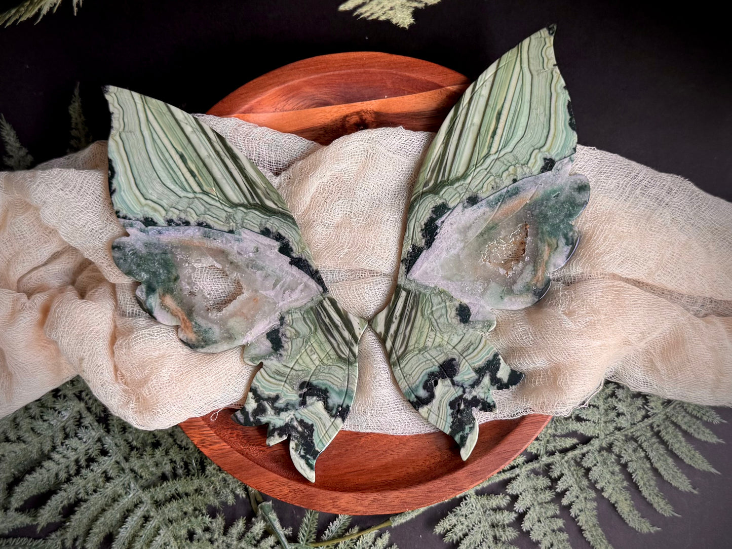 Green Lace Jasper Butterfly Wings on Gold Stand