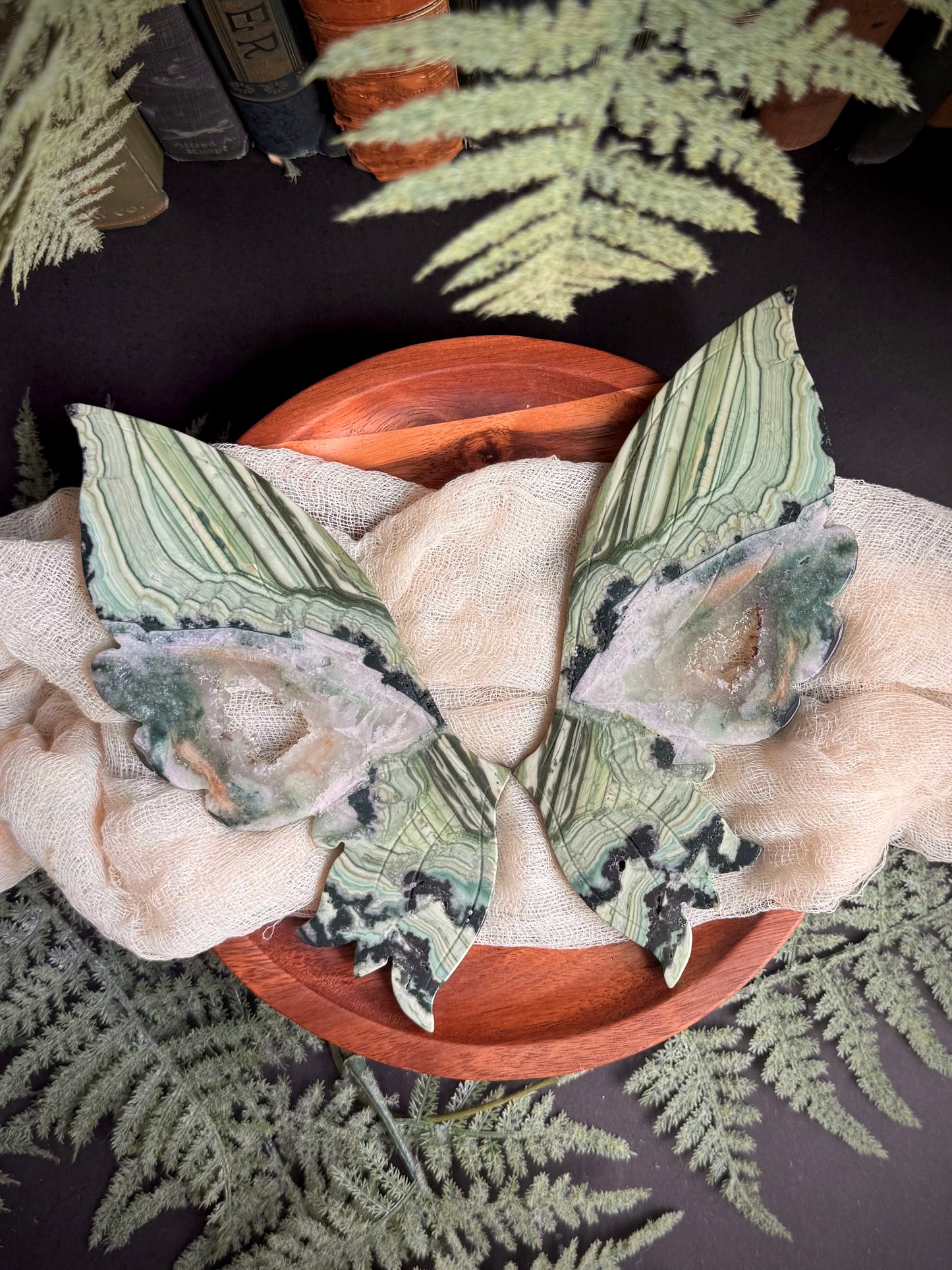 Green Lace Jasper Butterfly Wings on Gold Stand