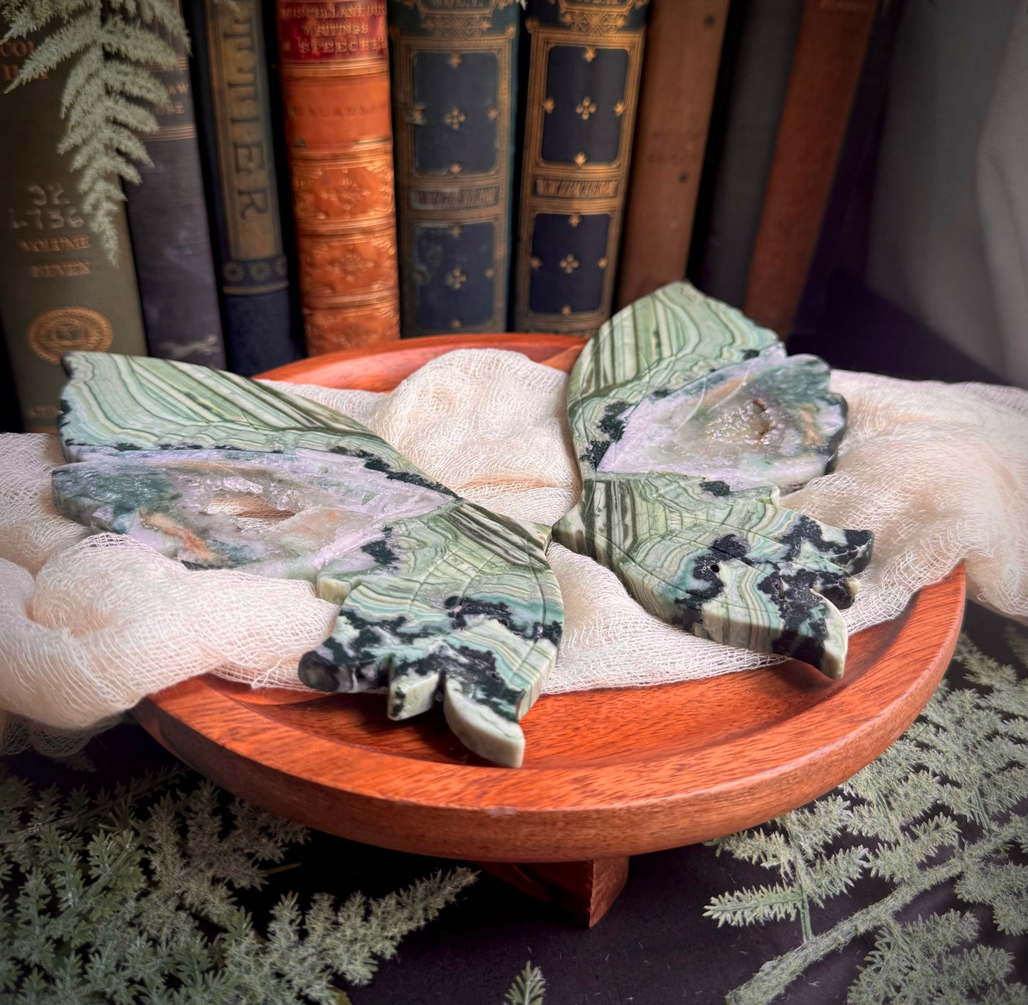 Green Lace Jasper Butterfly Wings on Gold Stand