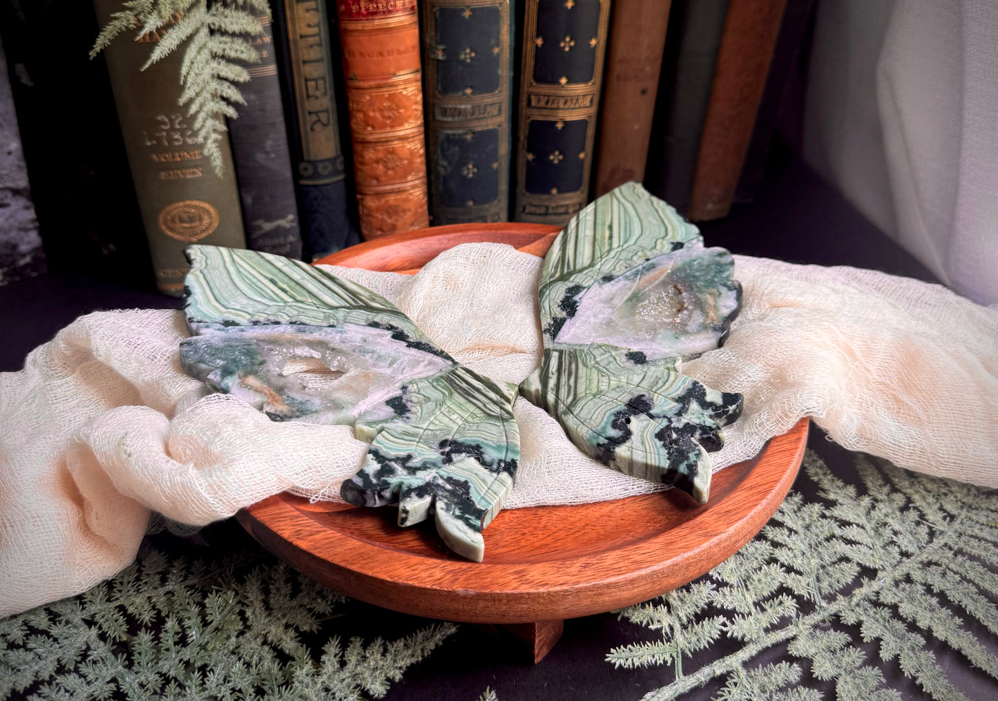 Green Lace Jasper Butterfly Wings on Gold Stand