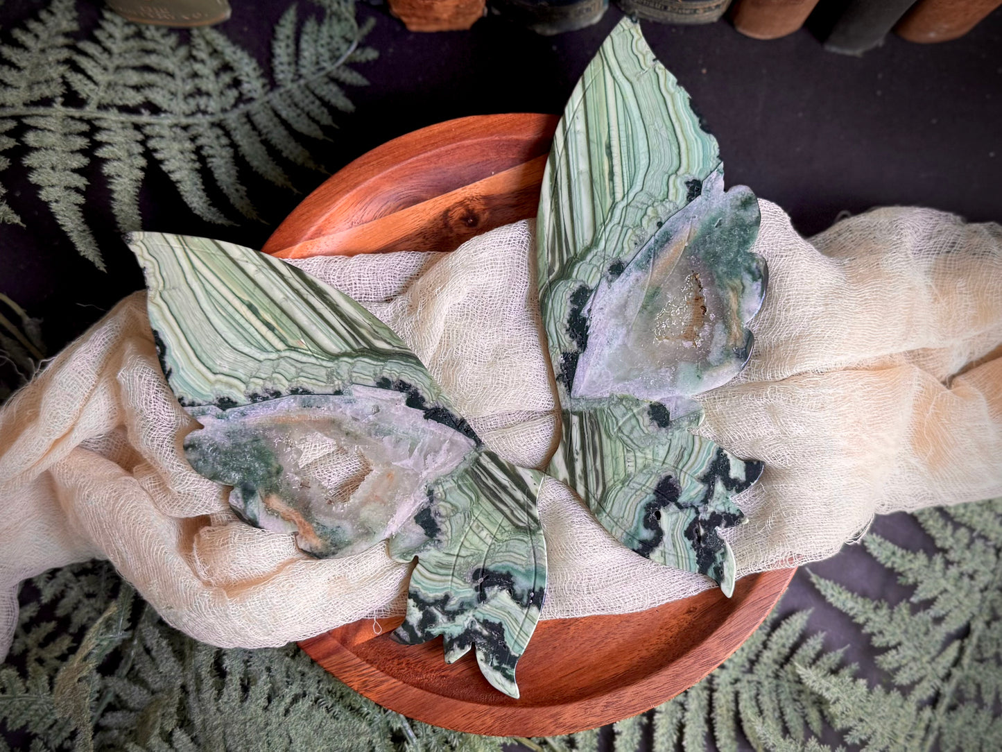 Green Lace Jasper Butterfly Wings on Gold Stand