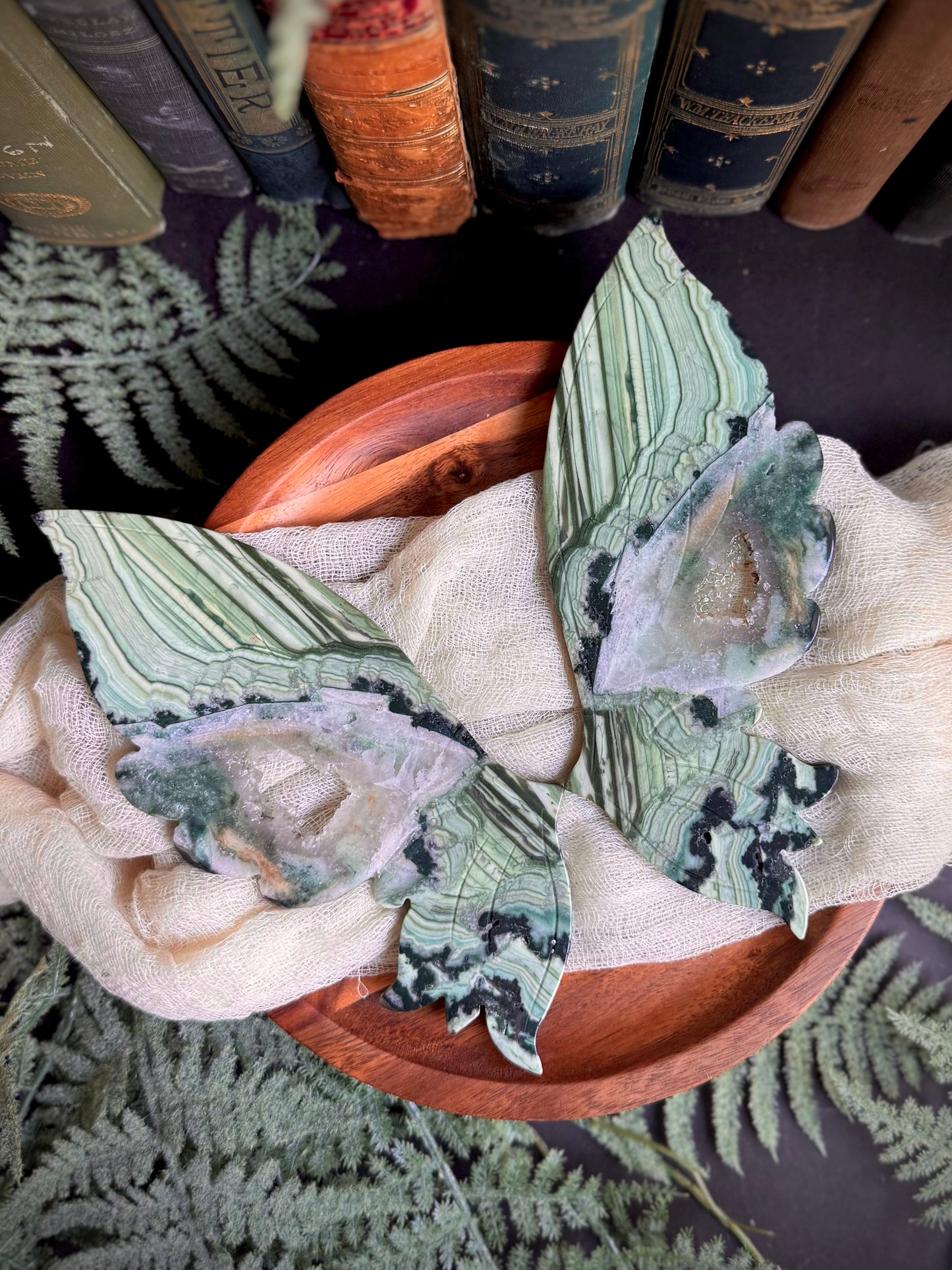 Green Lace Jasper Butterfly Wings on Gold Stand