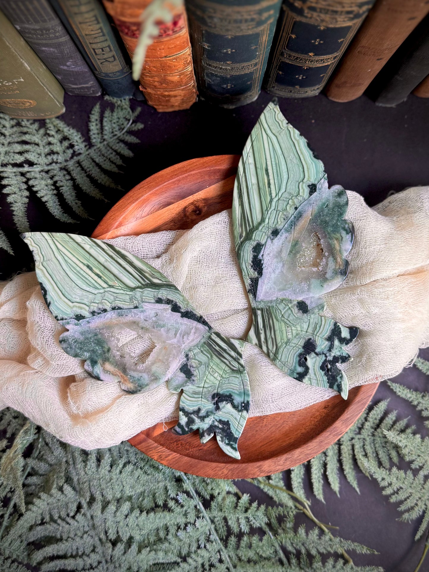 Green Lace Jasper Butterfly Wings on Gold Stand