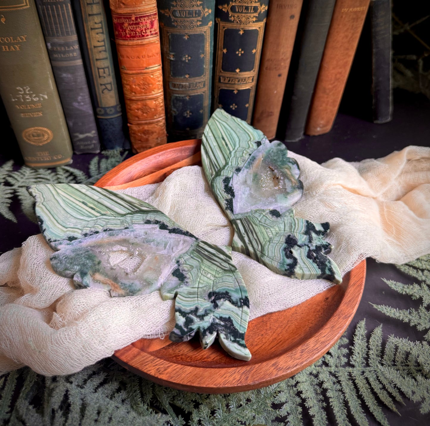 Green Lace Jasper Butterfly Wings on Gold Stand
