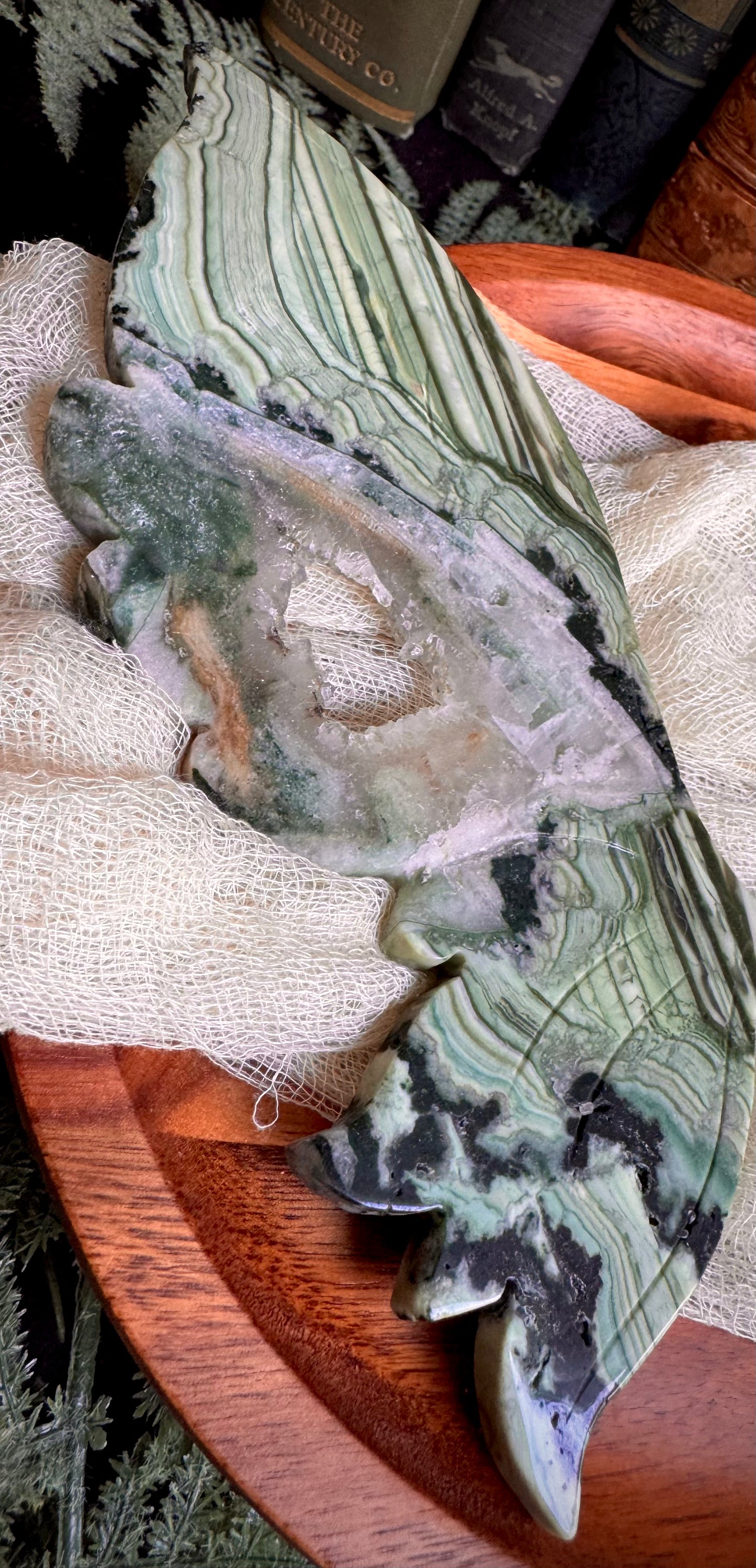Green Lace Jasper Butterfly Wings on Gold Stand