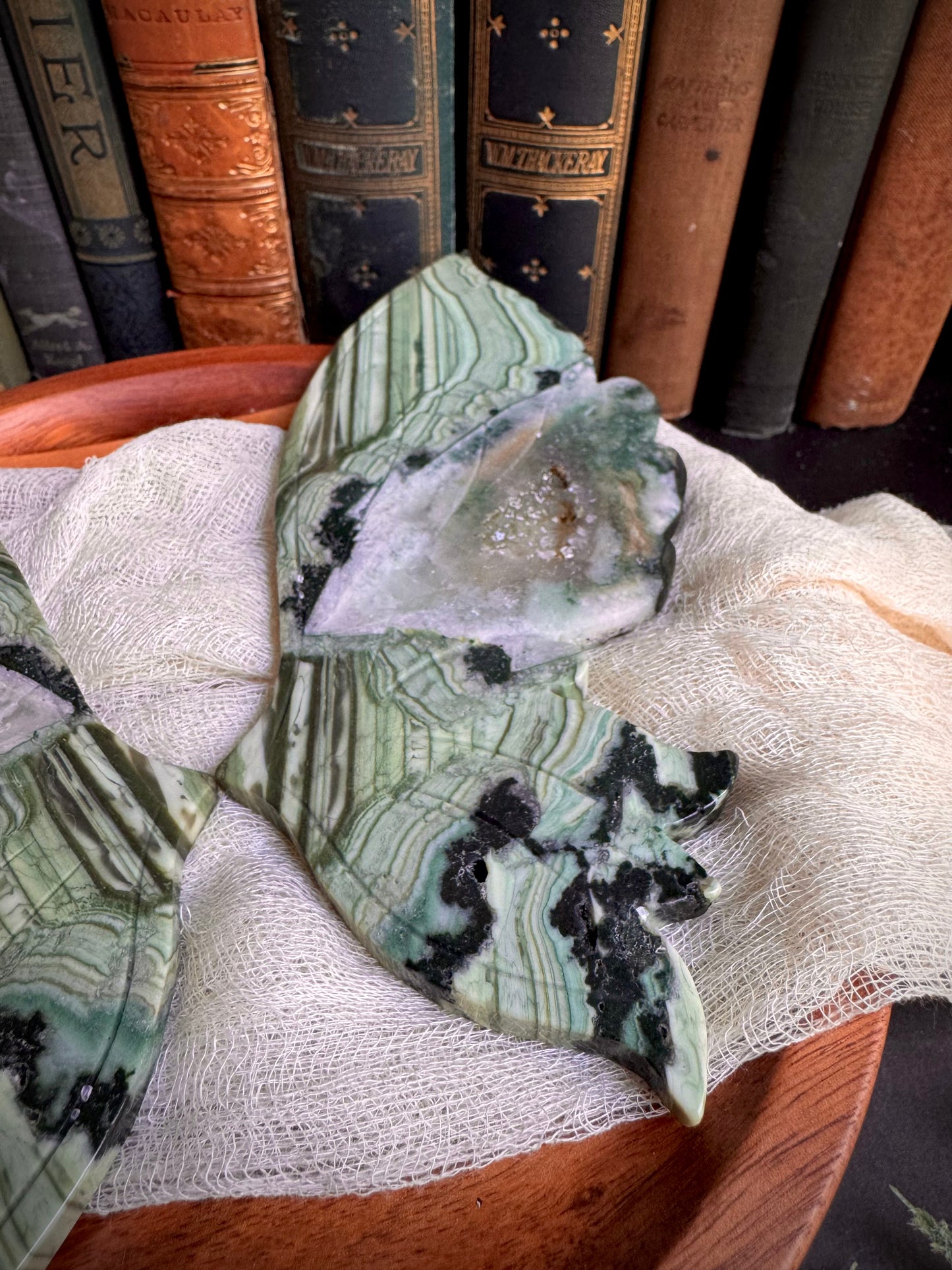 Green Lace Jasper Butterfly Wings on Gold Stand