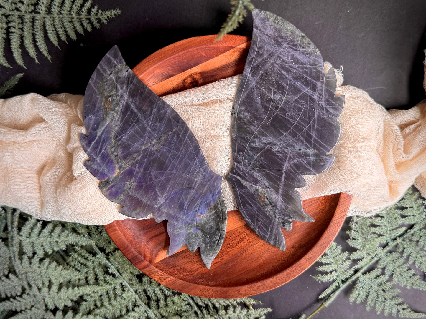 Purple & Blue Flash Labradorite Butterfly Wings on Gold Stand