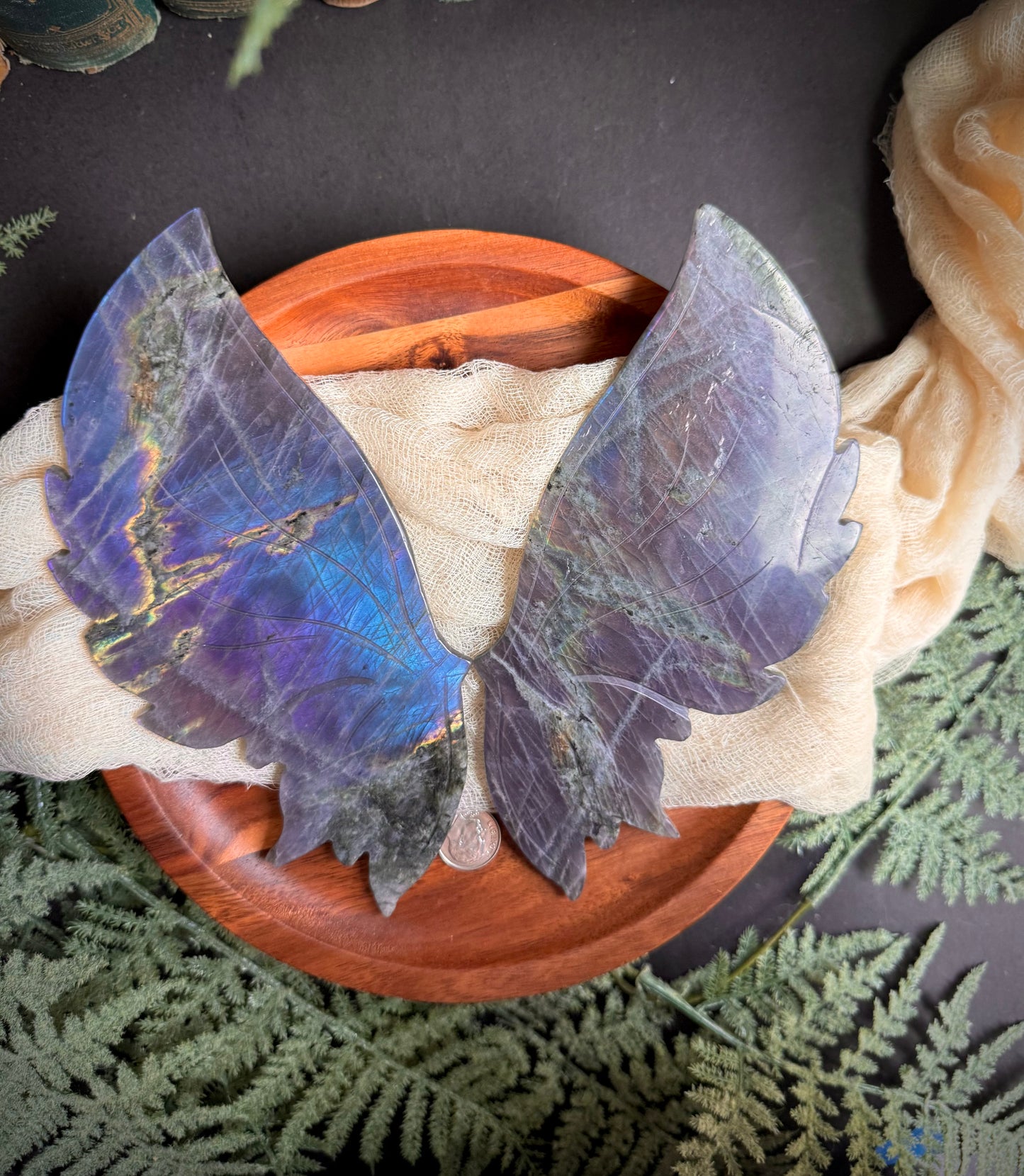 Purple & Blue Flash Labradorite Butterfly Wings on Gold Stand