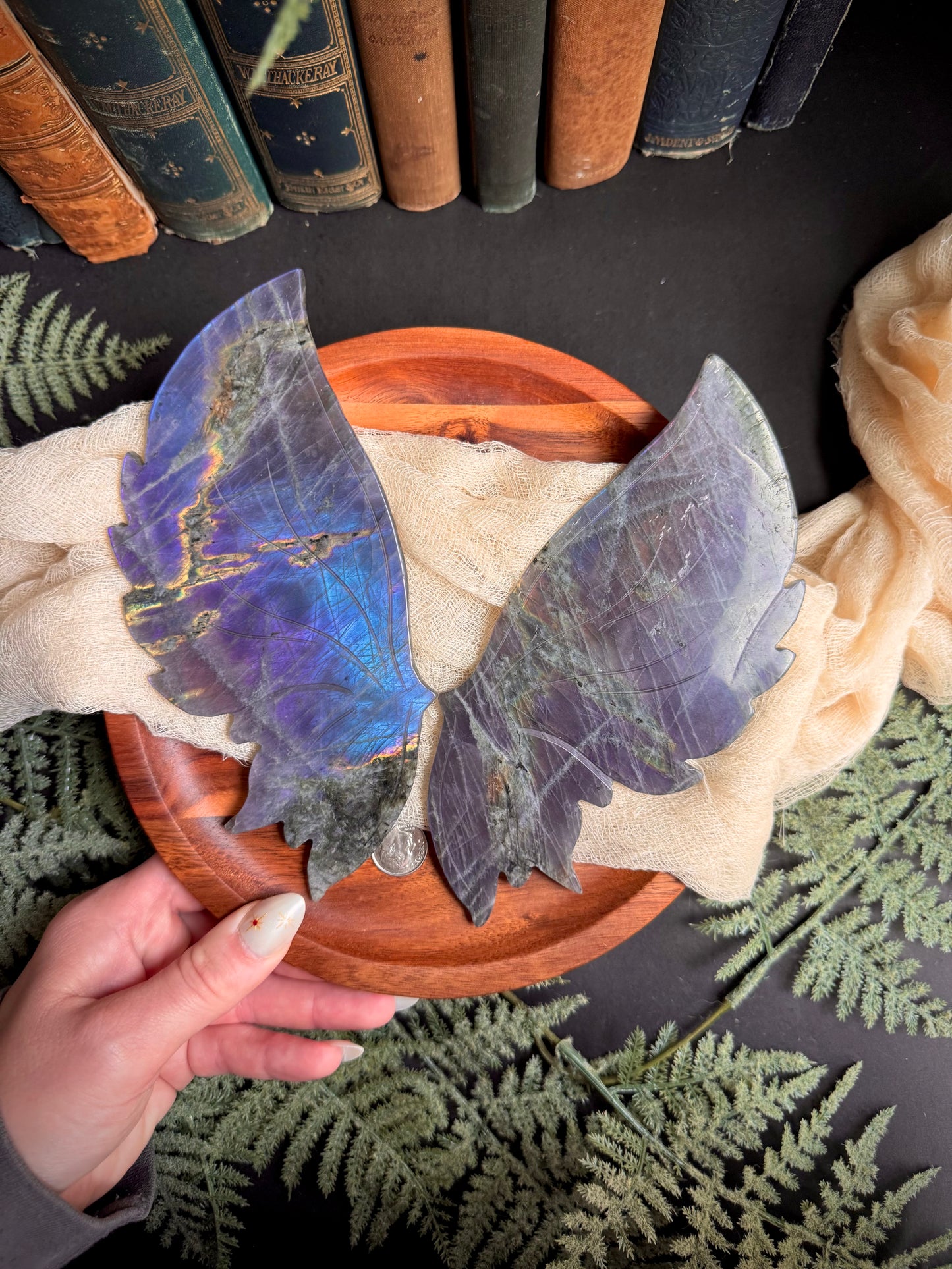 Purple & Blue Flash Labradorite Butterfly Wings on Gold Stand
