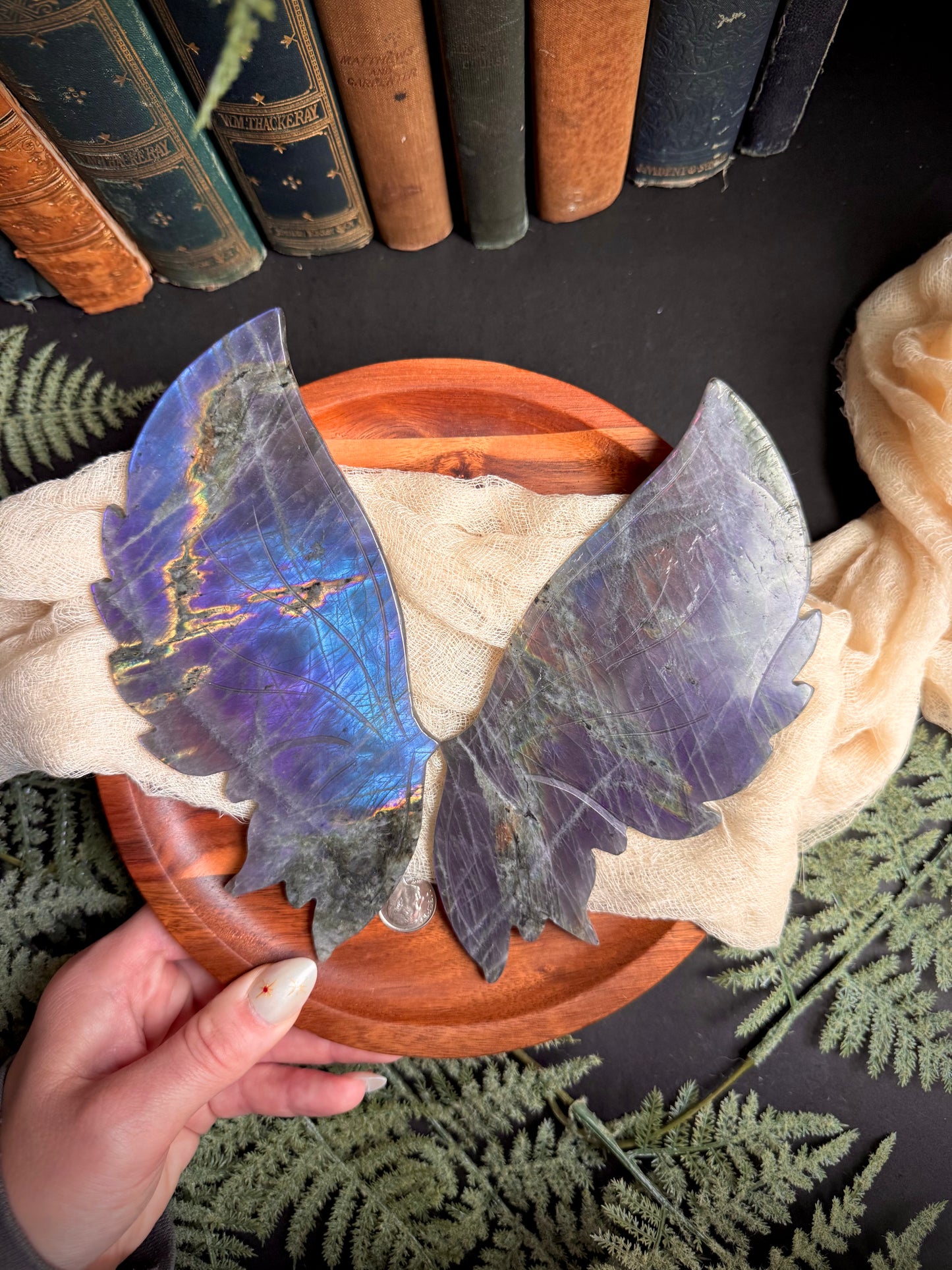 Purple & Blue Flash Labradorite Butterfly Wings on Gold Stand