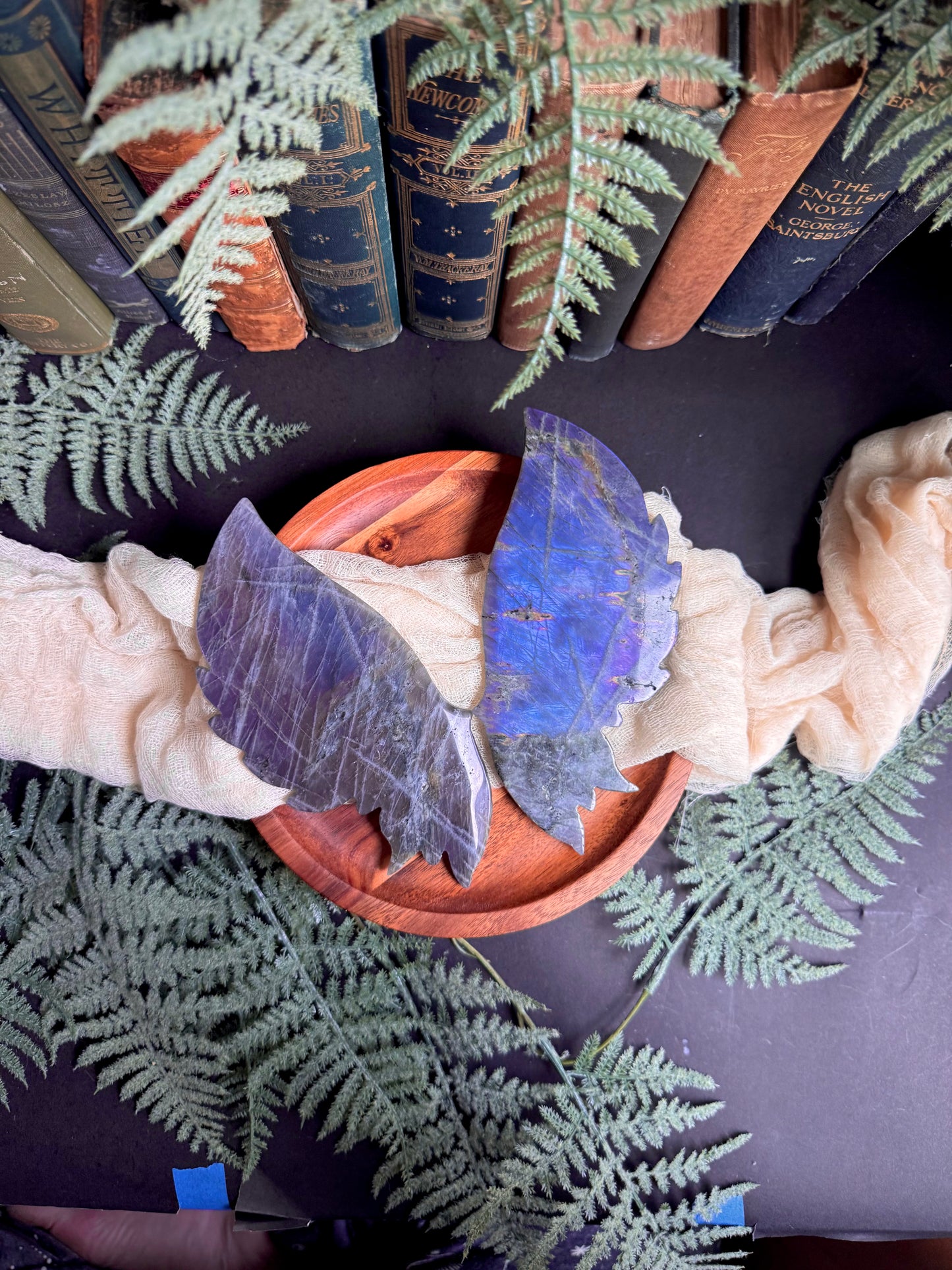 Purple & Blue Flash Labradorite Butterfly Wings on Gold Stand