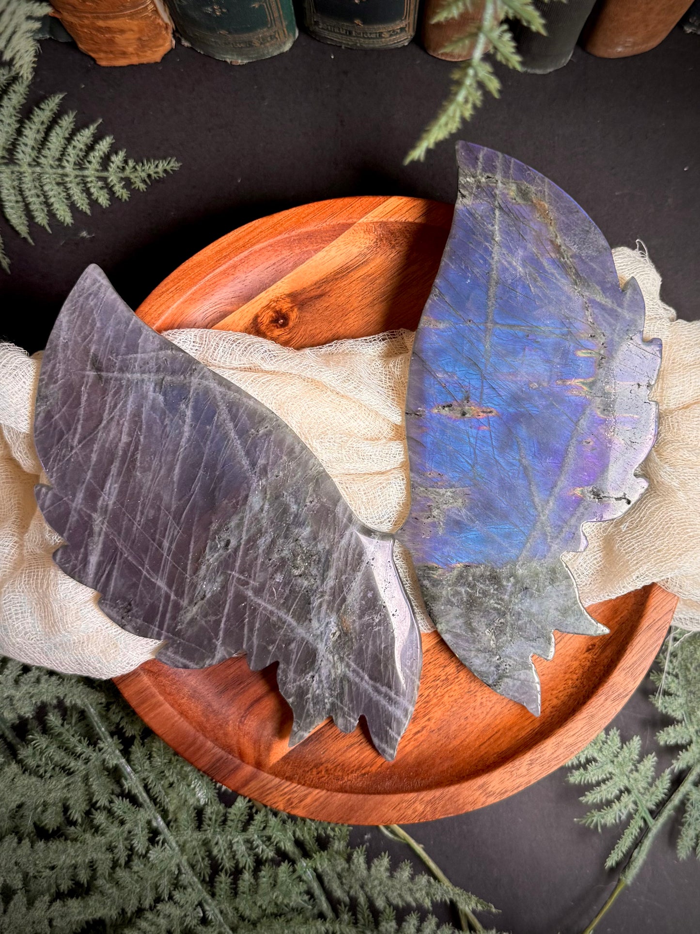 Purple & Blue Flash Labradorite Butterfly Wings on Gold Stand