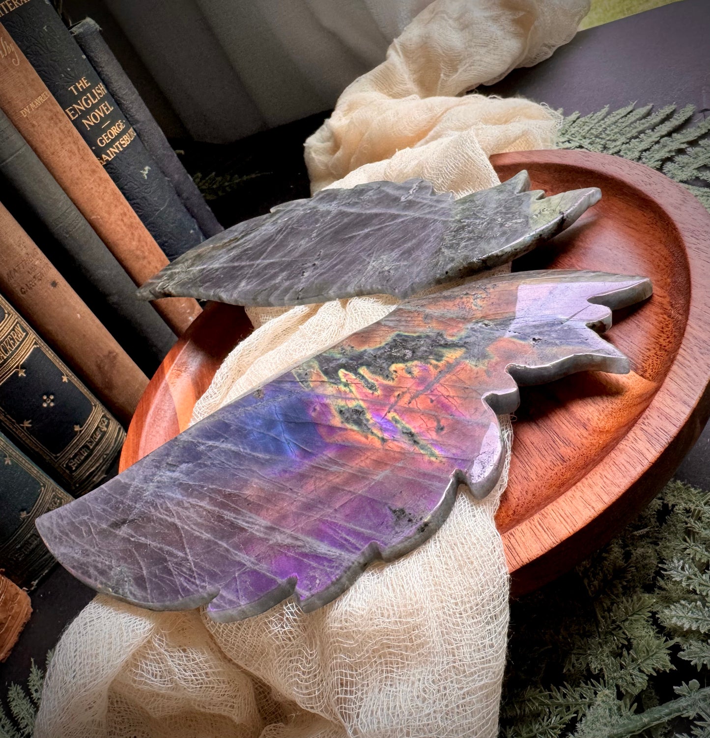 Purple & Blue Flash Labradorite Butterfly Wings on Gold Stand