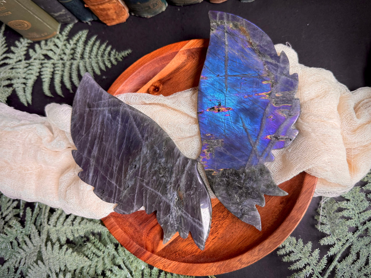 Purple & Blue Flash Labradorite Butterfly Wings on Gold Stand