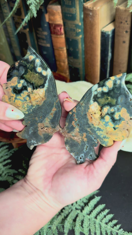 Green Sea Jasper Butterfly Wings on Gold Stand