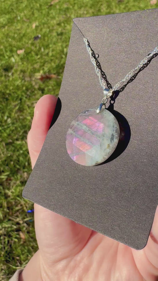 Purple & Pink Sunset Flash Labradorite S925 Pendant on Stainless Steel Chain